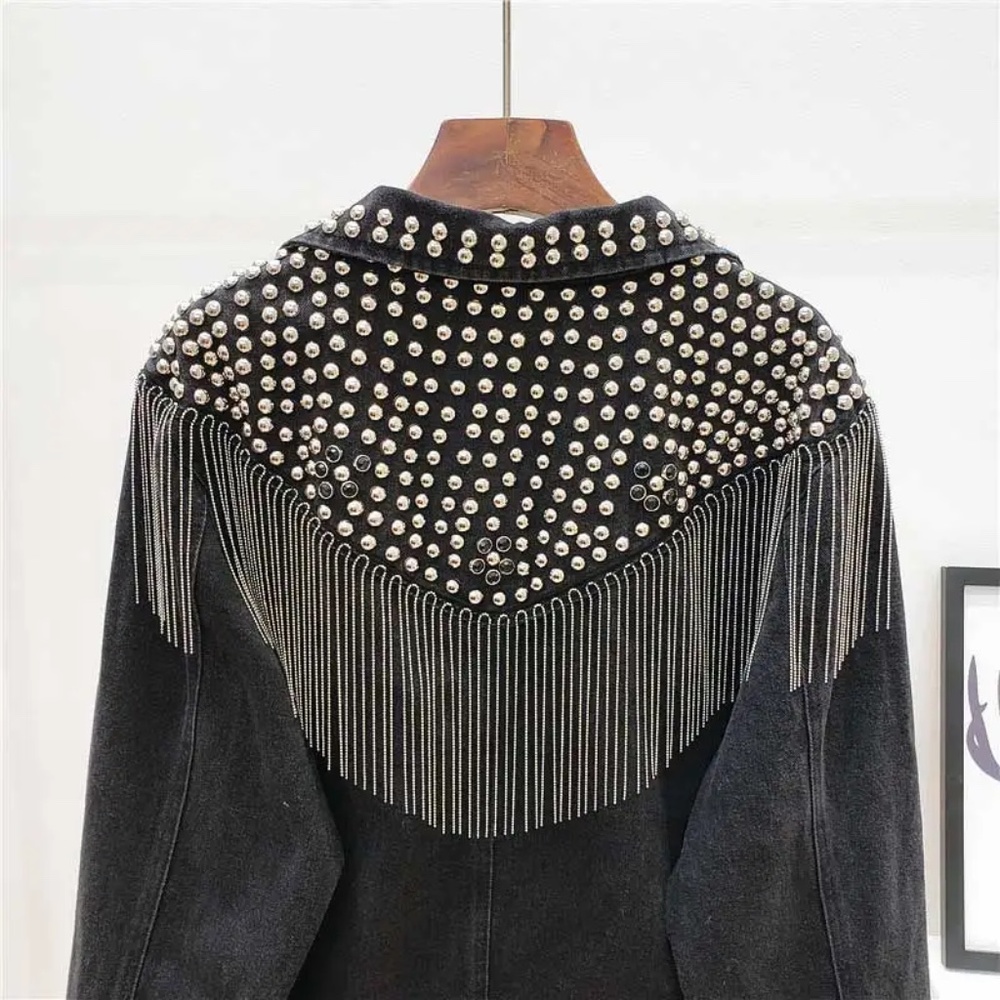 Western Vintage Wash Denim Studded Fringe Jean Jacket - Picture 12 of 16